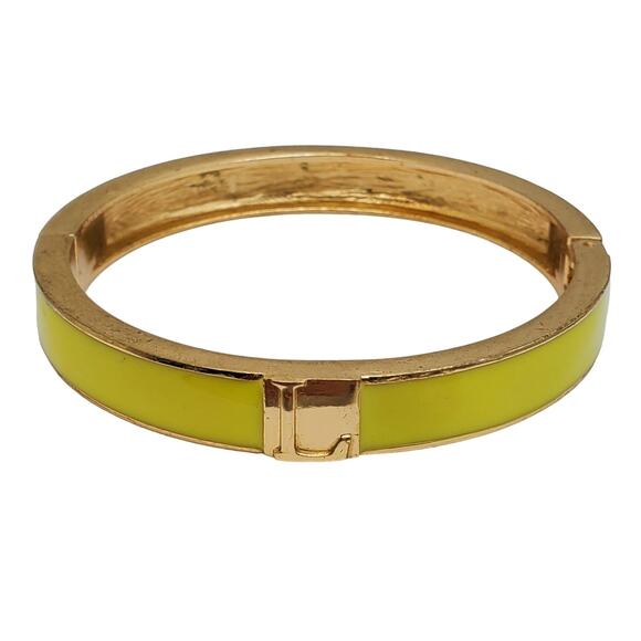 Lemon Yellow Enamel Clamper Initial L Bangle Gold Tone Bracelet Vintage Hinged - Picture 1 of 10